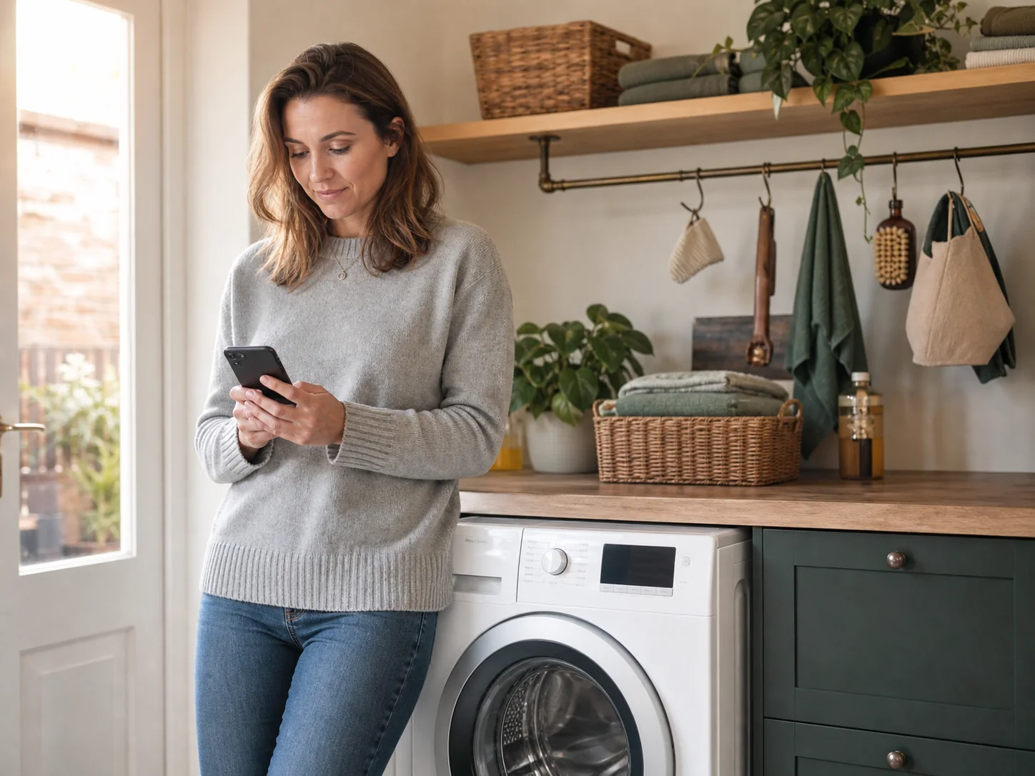A homeowner booking an appliance repair beside a washing machine