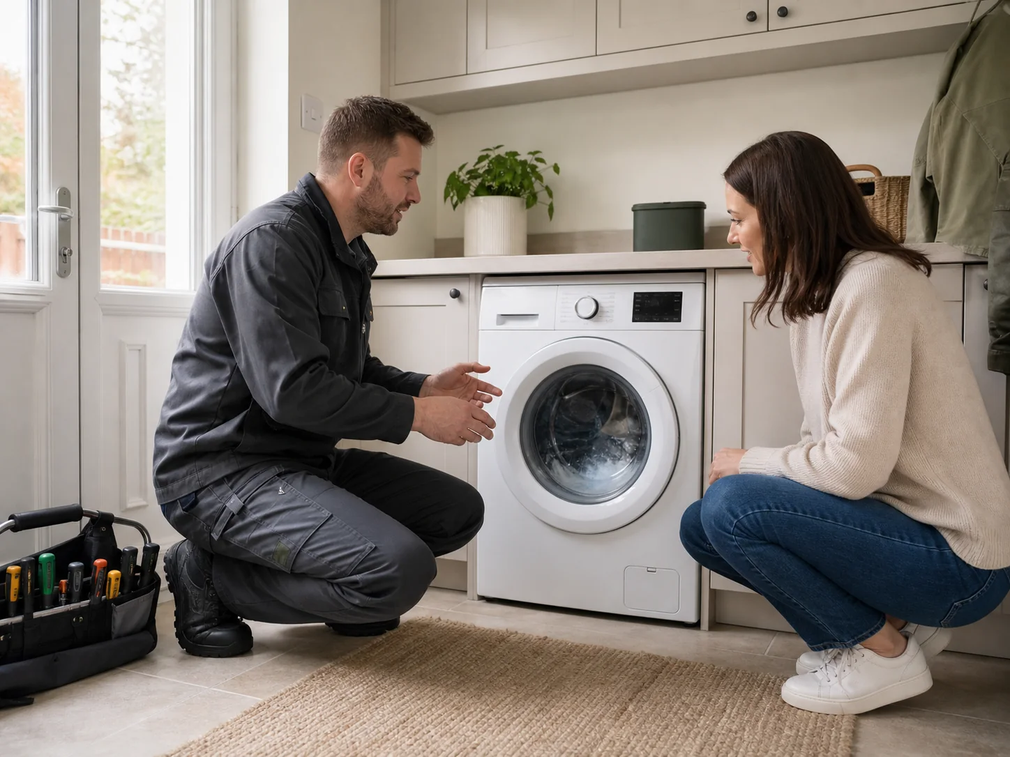 An engineer explaining a completed washing machine repair to a homeowner